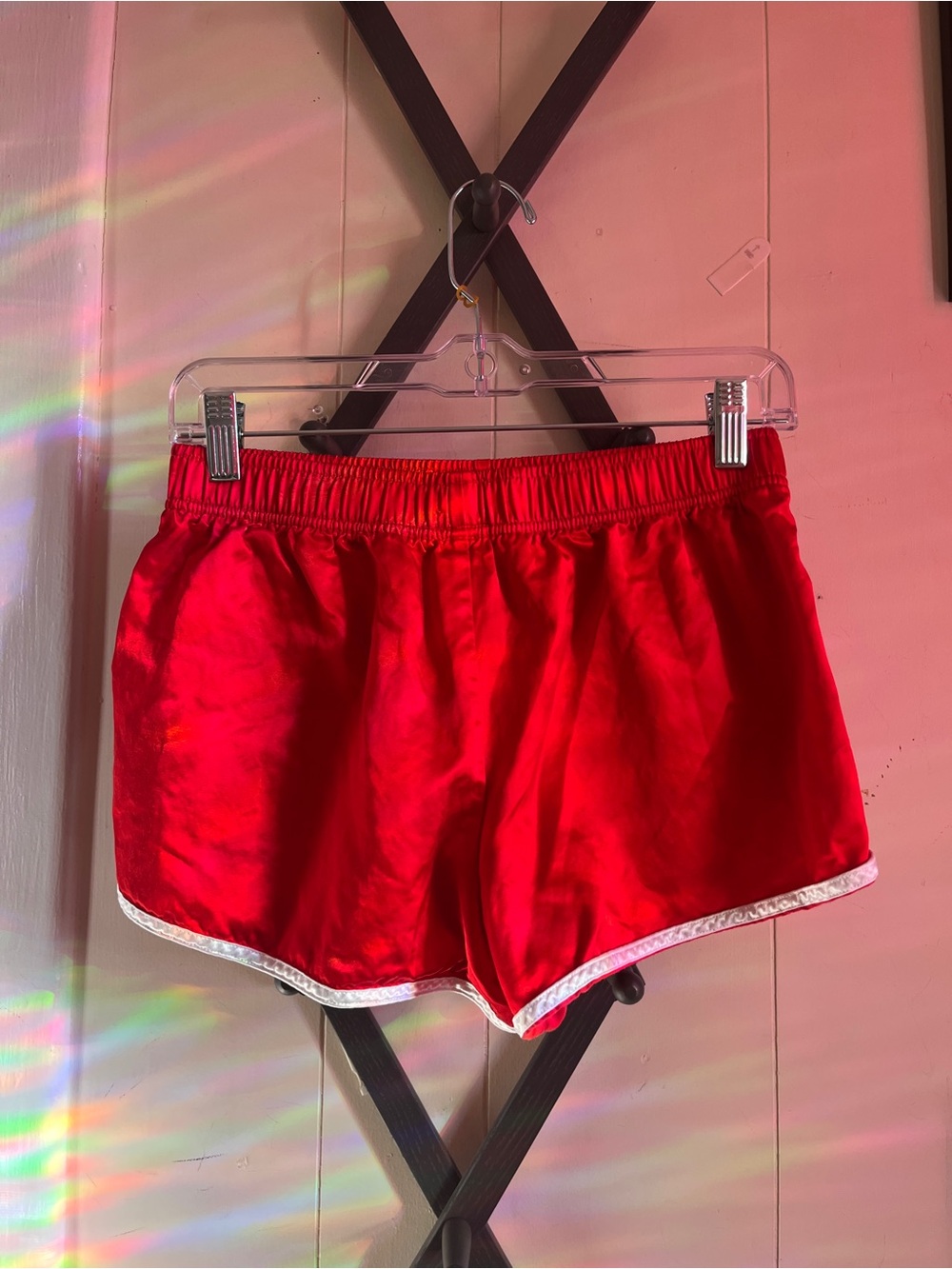 Red Women's 80s Inspired Athletic Shorts with White Trim - Picture 6 of 8